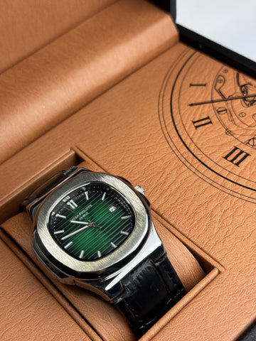 Patek Philippe Black Leather Strap Green Dail Master Lock