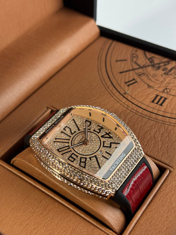 Frank Muller Red Silicon Leather Strap With Rose Gold Dail