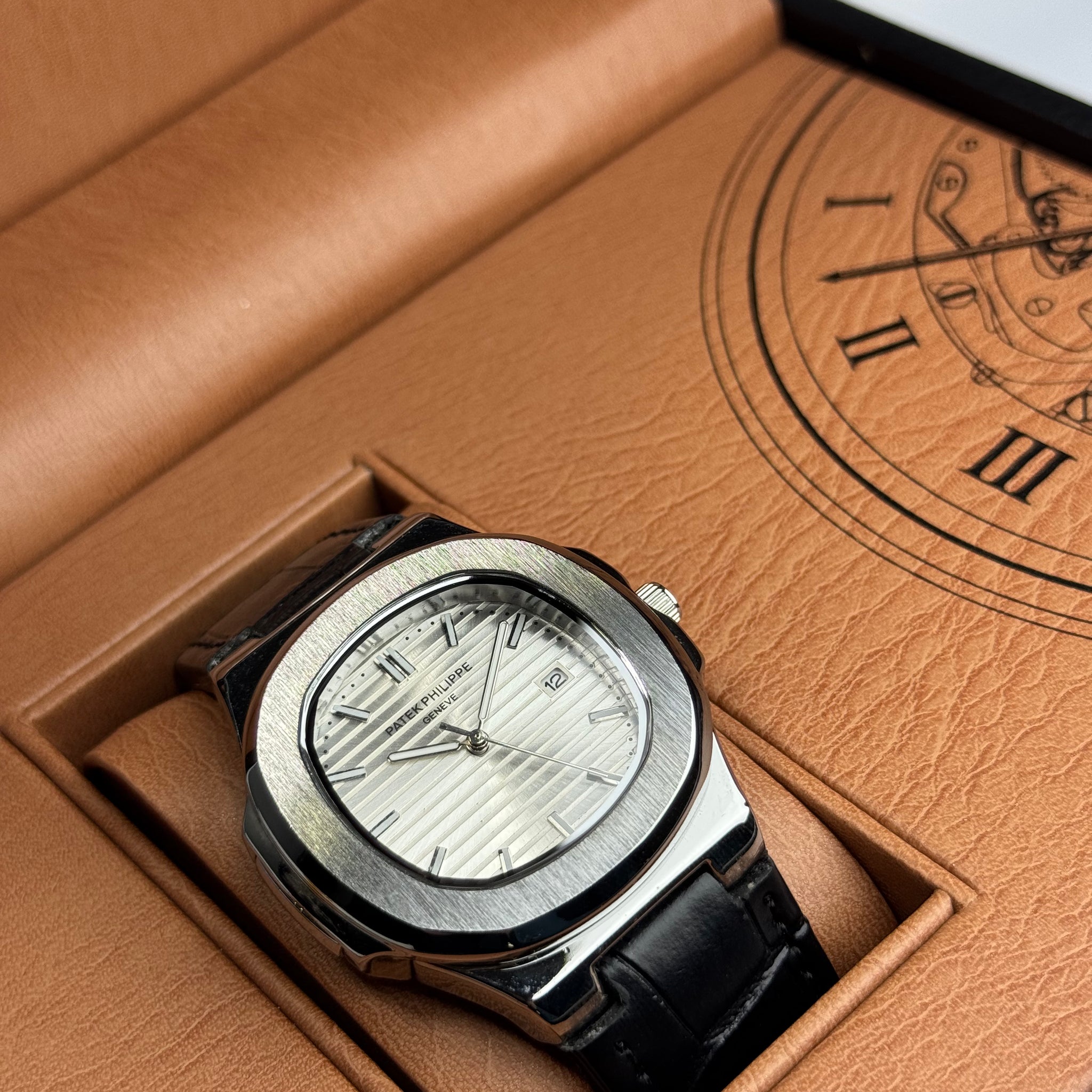 Patek Philippe Black Leather Strap White Dail Master Lock