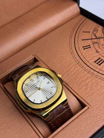 Patek Philippe Brown Leather Strap Golden&White Dail Master Lock