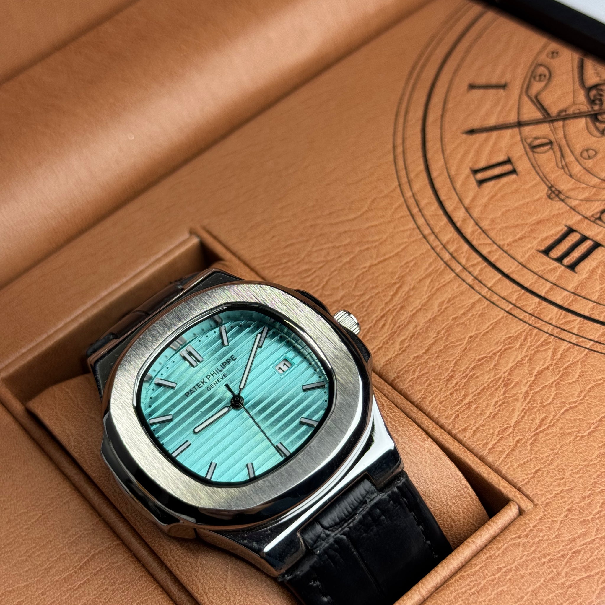 Patek Philippe Black Leather Strap Tiffany Dail Master Lock