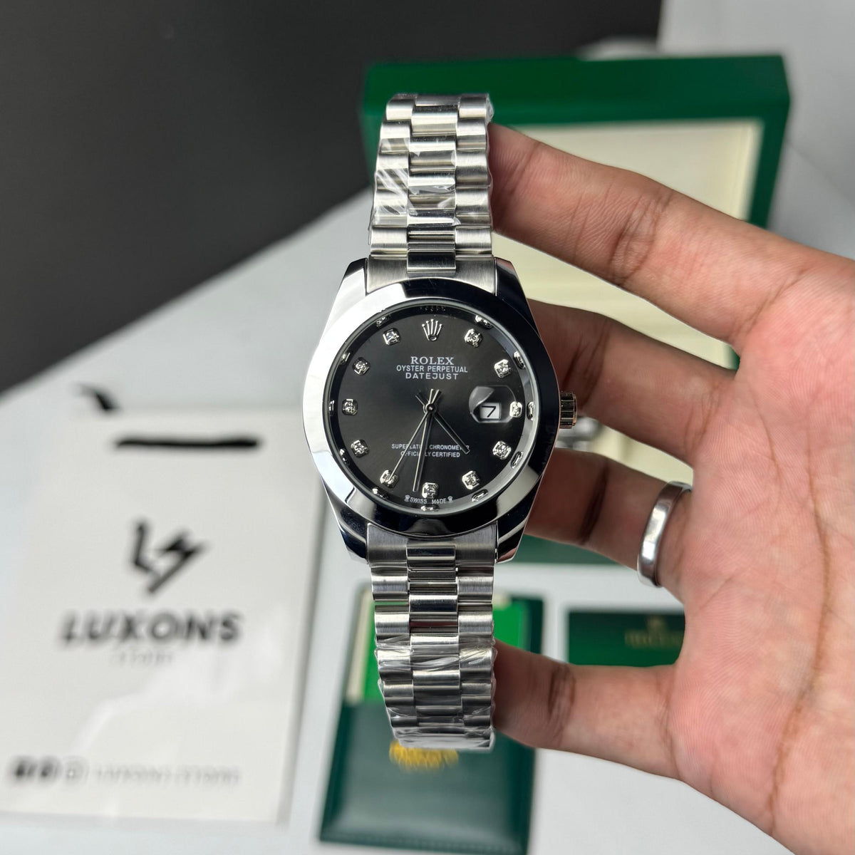 Rolex Date Just Silver Black Dial Semi Automatic