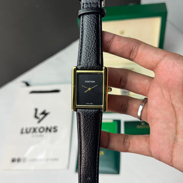 Cartier Old Money Style Black Leather Golden Bezel